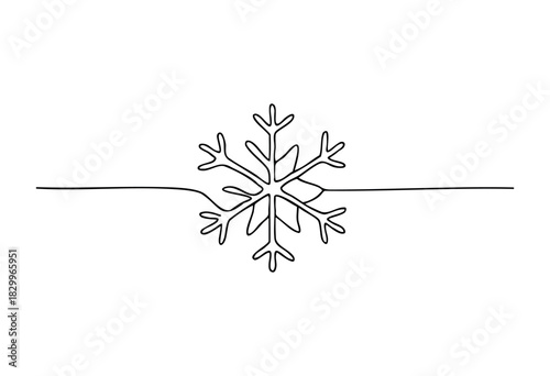 A minimalist snowflake illustration, crafted with a single unbroken black continuous line on a pure white background, symbolizing winter and cold weather.