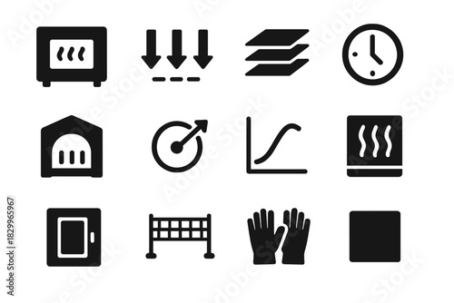 Annealing Process Icons. Solid style icons of annealing and cooling: annealing oven, gradual cooling arrows, stacked glass pieces,