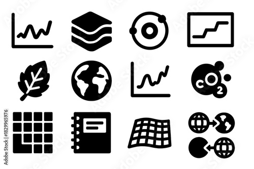 Climate Icon Montage. Solid style icons of climate reconstruction: timeline graph, layered archive, isotope ratio wheel,