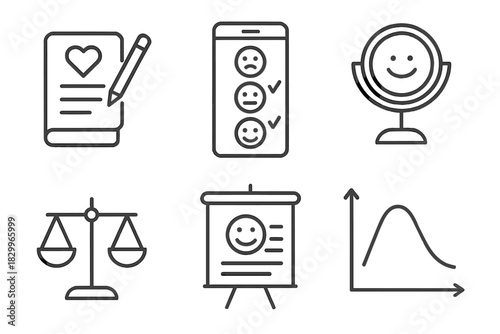 Emotional Biohacking Icons. Line style icons of emotional biohacking: gratitude journal, mood tracking app, smile reflection,