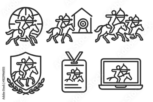Horseback Archery Icons. Line style icons of global horseback archery associations: international federation logo, training center