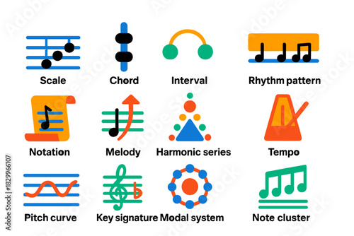 Ancient Music Theory Icons. Flat vector icons of ancient music theory concepts: scale diagram, chord icon, interval lines, rhythm