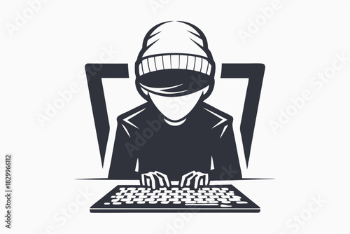 Person wearing mask and beanie types on computer keyboard in black and white