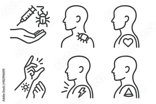 Futuristic Tattoo Icons. Line style icons of future tattoo innovations: nanobot ink delivery, adaptive skin ink bots, AI