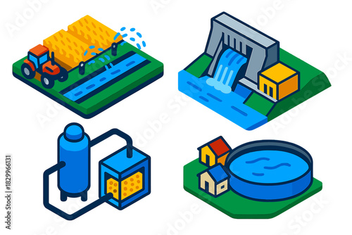 Freshwater Icons Set. Isometric vector illustration set Freshwater Use Cases: Agricultural field irrigation, hydroelectric dam,