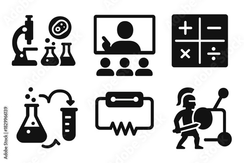 Educational Simulation Icons. Solid style icons of educational simulations: biology lab sim icon, virtual class badge, math