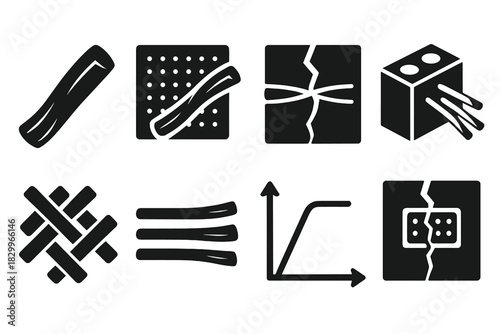 Fiber Reinforced Healing. Solid style icons of fiber-based healing support: fiber strand close-up, embedded mesh view, crack