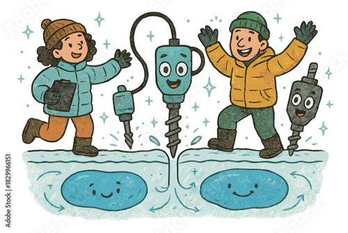 Cheerful Ice Expedition. Magical doodle subglacial research expedition with cheerful researchers, cartoon ice drills with faces,