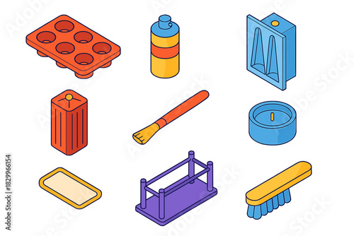 Candle Making Tools. Isometric vector illustration set Candle making – themed molds, silicone mold tray, mold release spray; taper