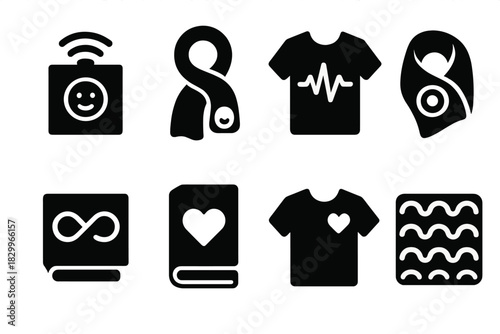 Emotional Tone Textiles. Solid style icons of emotional tone textiles: mood-sensing fabric, emotional beat scarf, voice tone