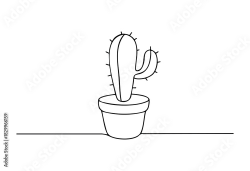 Minimalist one-line drawing of a potted cactus, depicting a simple houseplant in a continuous stroke style on a clean white background.