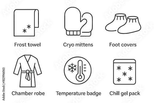 Cryotherapy Icon Set. Line style icons of cryotherapy accessories: frost towel, cryo mittens, foot covers, chamber robe,