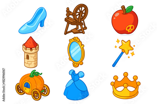 Fairytale Elements Icons. Isometric vector illustration set Mythology and folklore – glass slipper, spinning wheel, poisoned apple