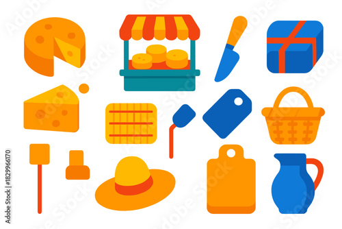 Cheese Market Icons. Flat vector icons of Cheese Market: cheese wheel, cheese wedge, market stall, tasting knife, wrapped cheese,