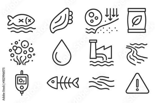 Aquatic Health Icons. Line style icons of Aquatic Health: Dead Zone, Fish Gill, Oxygen Depletion, Nutrient Runoff; Algae Bloom,