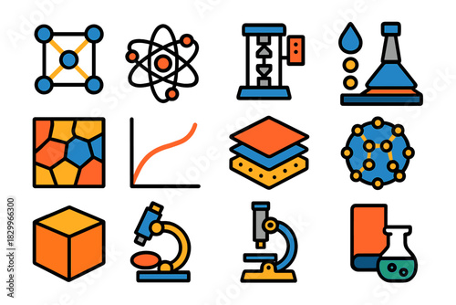 Material Science Icons. Flat vector icons of materials science: crystal lattice, atomic structure, tensile test machine, hardness