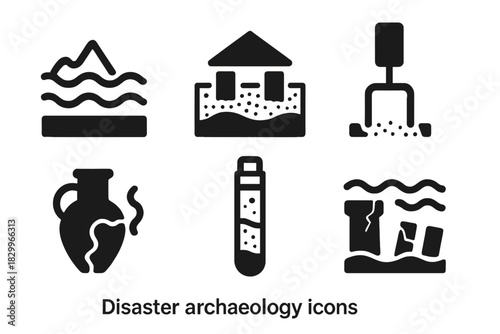 Disaster Archaeology Icons. Line style icons of Disaster Archaeology: ancient flood line, buried foundation, moisture probe,