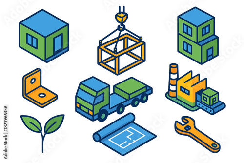 Eco Construction Elements. Isometric vector illustration set Eco construction – prefabricated module, crane lift frame, connection