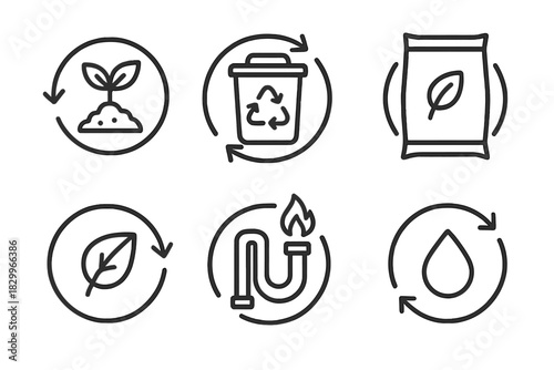 Circular Farming Icons. Line style icons of circular farming practices: compost back into growth, waste collection bin, organic