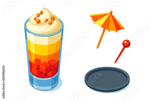 Bright Dessert Icons. Isometric vector illustration set Ice cream and desserts – parfait shooter, mini glass, layered jelly; fruit