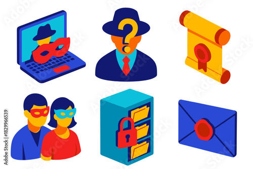 History of Anonymity Icons. Isometric vector illustration set History of anonymity: pseudonymous publications, hidden authorship,