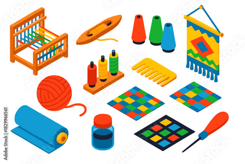 Artisan Weaving Tools. Isometric vector illustration set Artisan Weaving: hand loom, shuttle tool, colored thread cones, wall