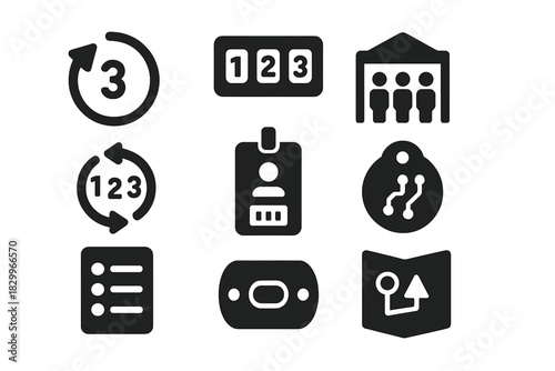 Race Start Logistics Icons. Solid style icons of race start logistics: backward countdown icon, flipped lineup badge, staging area