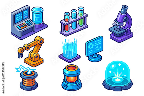 Futuristic Lab Elements. Isometric vector illustration set Comic book elements – high-tech lab, test tube rack, electron