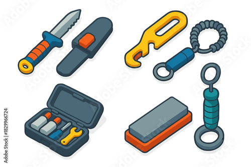 Diving Gear Icons. Isometric vector illustration set Underwater diving gear – dive knife, serrated blade, sheath mount; line