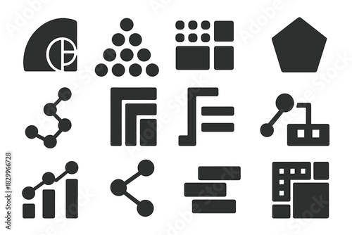 Integer Sequences Icons. Solid style icons of integer sequences: Fibonacci spiral, triangular number stack, square number dots,