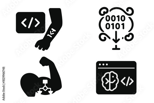 Code-to-Body Symbols. Solid style icons of code-to-body visuals: source code to skin icon, programming syntax tattoo, binary swirl