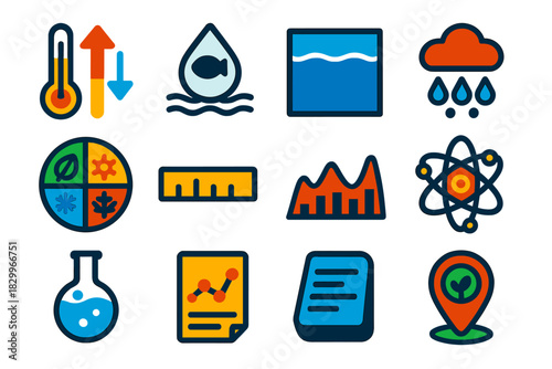 Environmental Data Icons. Flat vector icons of environmental reconstruction using sclerochronology: temperature gradient, salinity