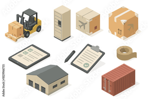 Logistics and Delivery Essentials. Isometric vector illustration set of Logistics and Delivery: forklift with pallet, parcel