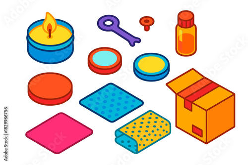 Candle Making Essentials. Isometric vector illustration set Candle making – travel candle tin, lid opener, wick tab; fragrance