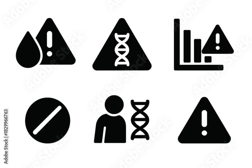 Nutrient Deficiency Icons. Solid style icons of nutrient deficiencies and genes: low nutrient alert icon, red DNA triangle,