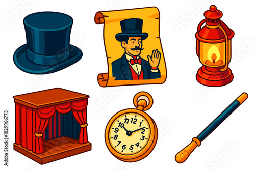 Famous Magicians Icons. Isometric vector illustration set History of Famous Magicians: vintage top hat, old poster scroll, magic