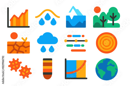 Climate History Icons. Flat vector icons of climate history reconstruction: temperature chart, precipitation graph, ice sheet