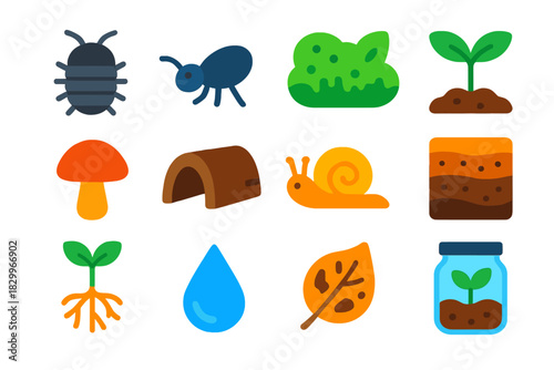 Bioactive Vivarium Icons. Flat vector icons of Bioactive Vivarium: isopod, springtail, moss patch, seedling, fungal sprout, bark