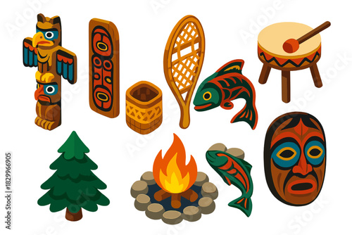 Cultural Heritage Icons. Isometric vector illustration set Cultural heritage – indigenous totem pole, longhouse plank, drum