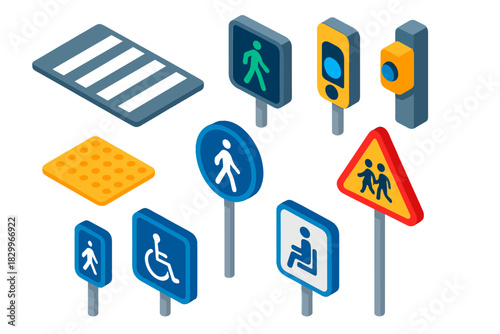 Vibrant Street Sign Icons. Isometric vector illustration set Street signs – crosswalk stripes, walk signal icon, don’t walk signal