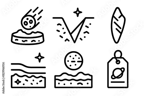 Disaster Archaeology Icons. Line style icons of Disaster Archaeology: ancient meteor site, impact trench, meteoric iron shard,