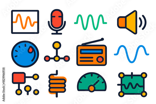 Analog Communication Icons. Flat vector icons of Analog Communication: waveform diagram, microphone input, carrier wave,