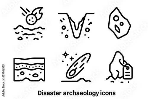 Disaster Archaeology Icons. Line style icons of Disaster Archaeology: ancient meteor site, impact trench, meteoric iron shard,
