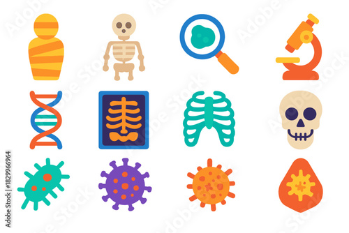 Ancient Disease Icons. Flat vector icons of pathology of ancient diseases: mummy, skeleton, magnifying glass, pathogen icon,