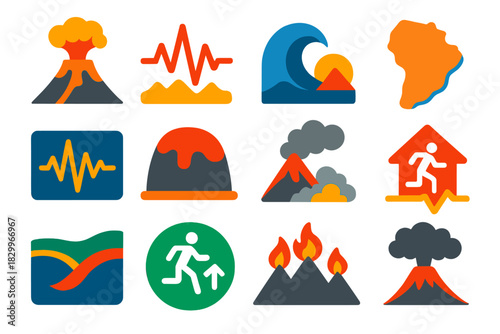 Ring of Fire Icons. Flat vector icons of ring of fire seismic activity: erupting volcano, earthquake wave, tsunami icon, Pacific
