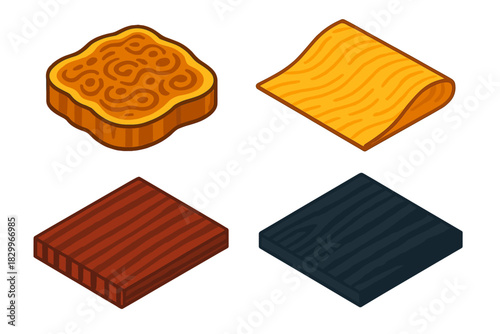 Bold Wood Veneers. Isometric vector illustration set Types of Wood Veneers: Walnut burl slice, maple curl sheet, rosewood stripe