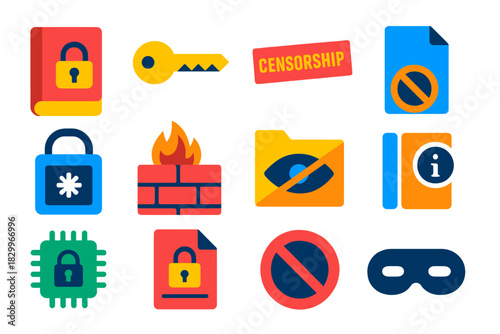 Knowledge Control Icons. Flat vector icons of knowledge control and information concealment: locked book, password key, censorship