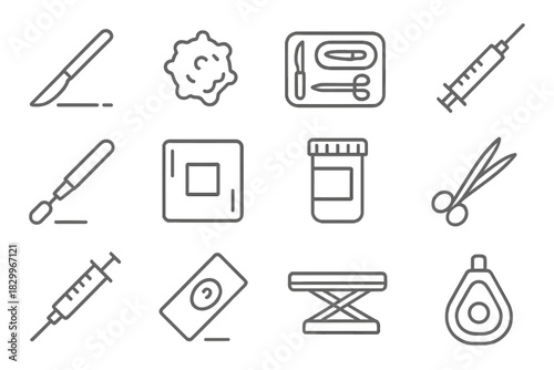 Surgical Oncology Icons. Line style icons of surgical oncology: scalpel, tumor mass, surgical tray, biopsy needle; cryo probe,