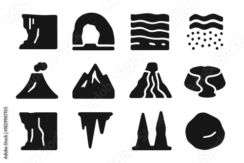 Geological Formation Icons. Solid style icons of geological formations: cliff, cave, rock layers, sediment, volcano cone, mountain