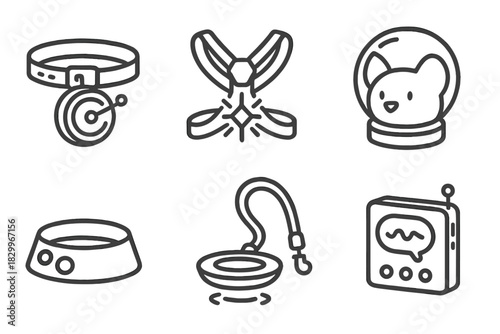 Retro-Futuristic Pet Wearables. Line style icons of retro-futuristic wearables for pets: chrome cat collar with radar, glowing dog